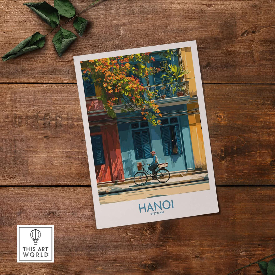 Hanoi poster featuring vibrant street scene with a bicycle, showcasing Vietnam's cultural charm.