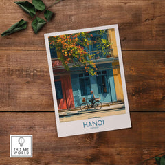 Hanoi Poster - Vietnam Wall Art showcasing a colorful street scene in Hanoi with a bicycle.