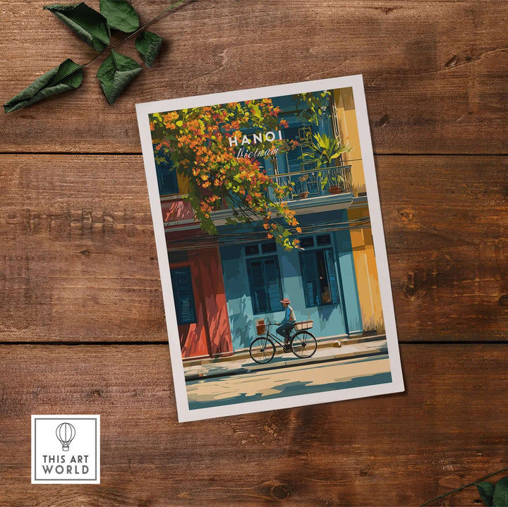 Vibrant Hanoi print featuring colorful buildings and a bicycle, perfect for home decor.