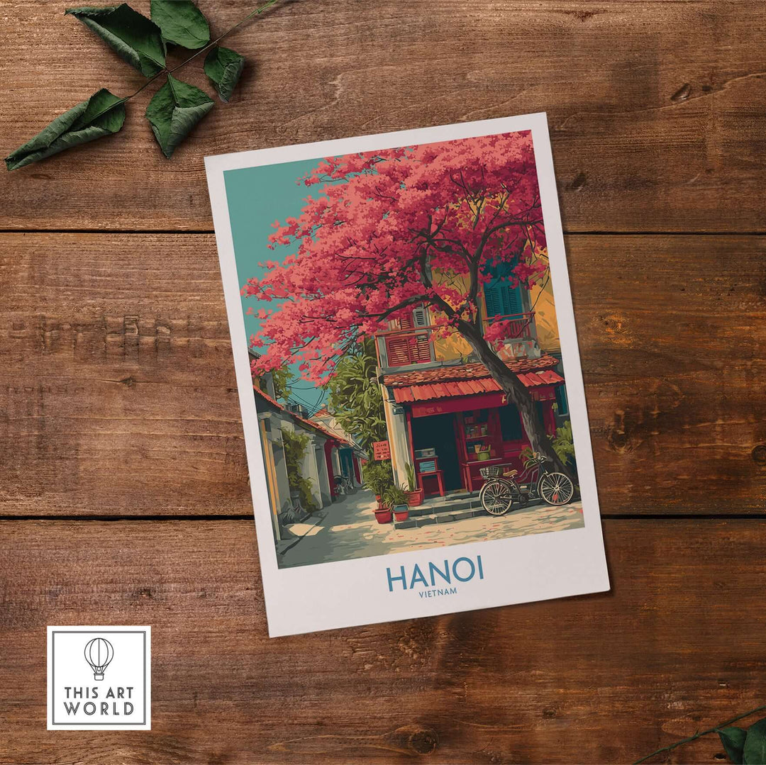 Hanoi Vietnam poster featuring vibrant pink blossoms and iconic architecture, perfect for historic scene decor.