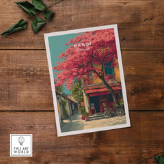 Hanoi Vietnam Print Cherry Blossom Street - Colorful City Wall Art showcasing vibrant pink cherry blossoms in Hanoi.