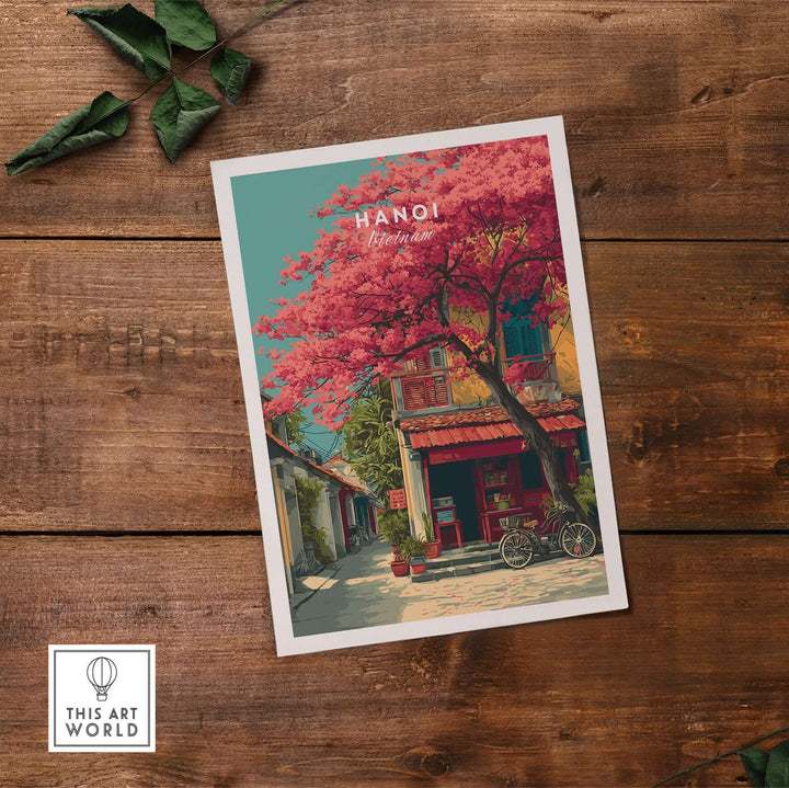 Colorful Hanoi Vietnam print showcasing cherry blossoms and vibrant city life in wall art.