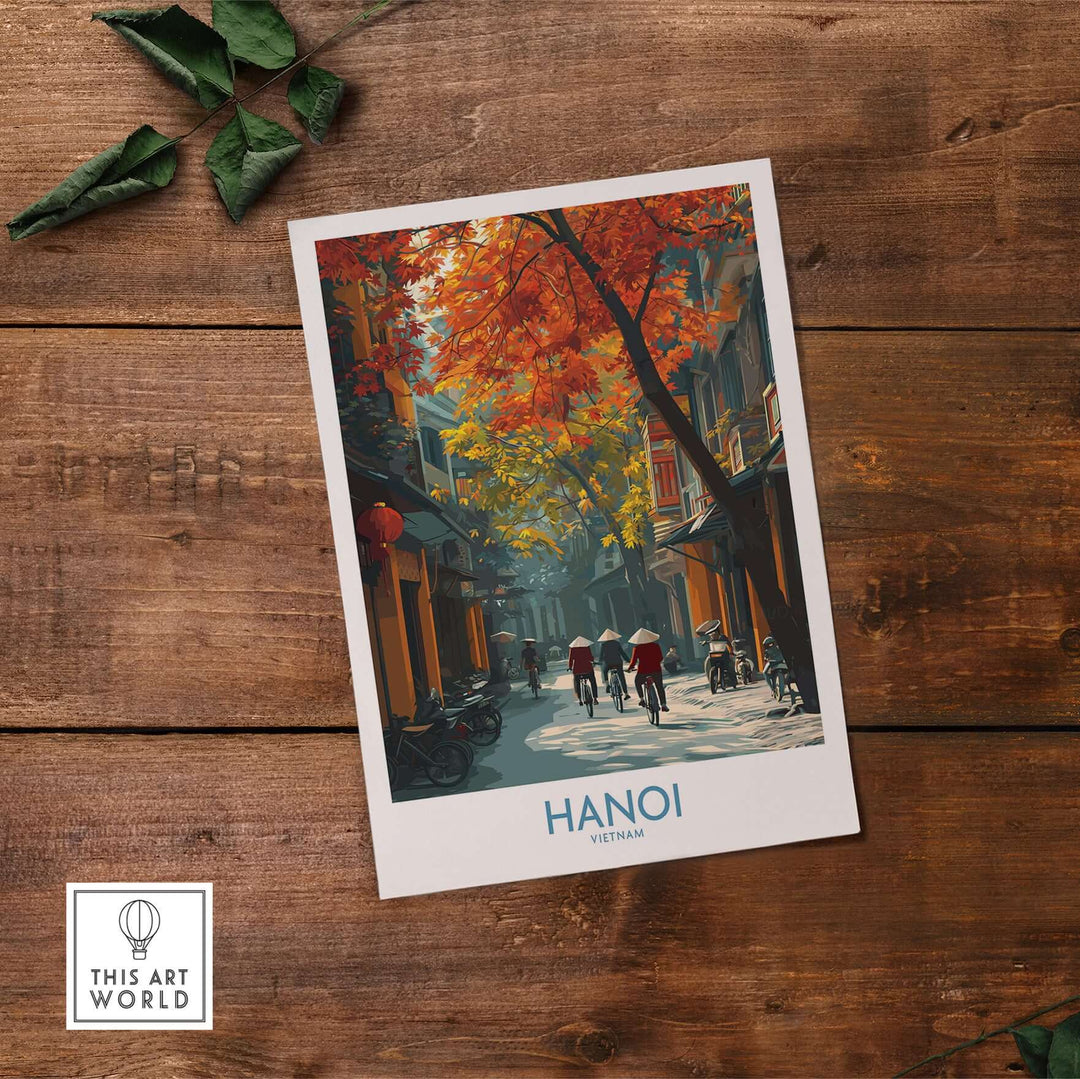 Hanoi wall art showcasing vibrant autumn streets in Vietnam's Old Quarter, celebrating traditional Vietnamese life.