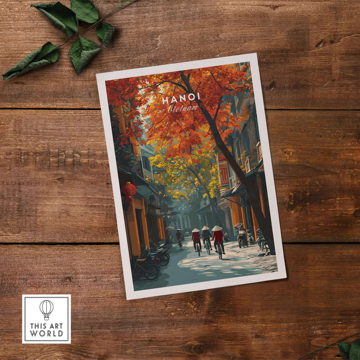 Hanoi city street poster featuring vibrant autumn colors and urban life, perfect for home décor.