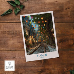 Hanoi Vietnam Train Street Wall Art - Hanoi Travel Print showcasing colorful lanterns and train tracks in Hanoi.