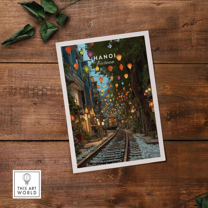 Hanoi Vietnam Train Street print featuring vibrant lanterns and urban life, perfect for decorating any space.