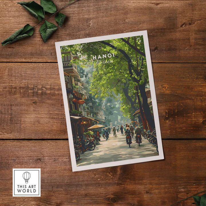 Hanoi city street scene poster featuring vibrant urban life and lush trees, perfect for home decor.