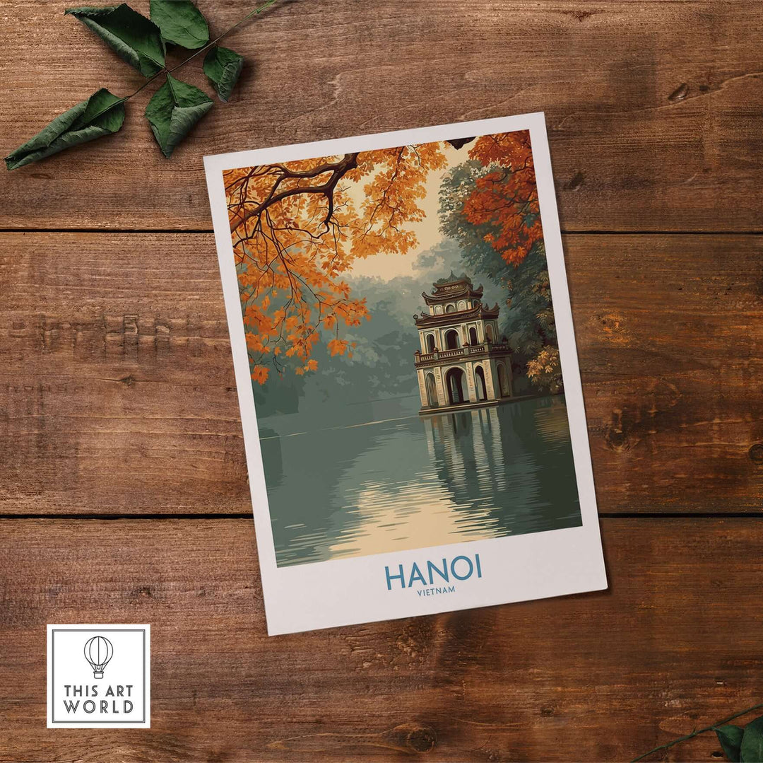 Hanoi Turtle Tower wall art featuring fall foliage, a serene lake, and cultural significance for home decor.