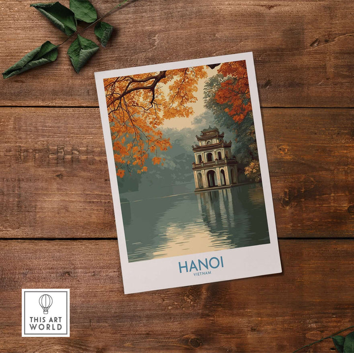 Hanoi Turtle Tower wall art featuring fall foliage, a serene lake, and cultural significance for home decor.