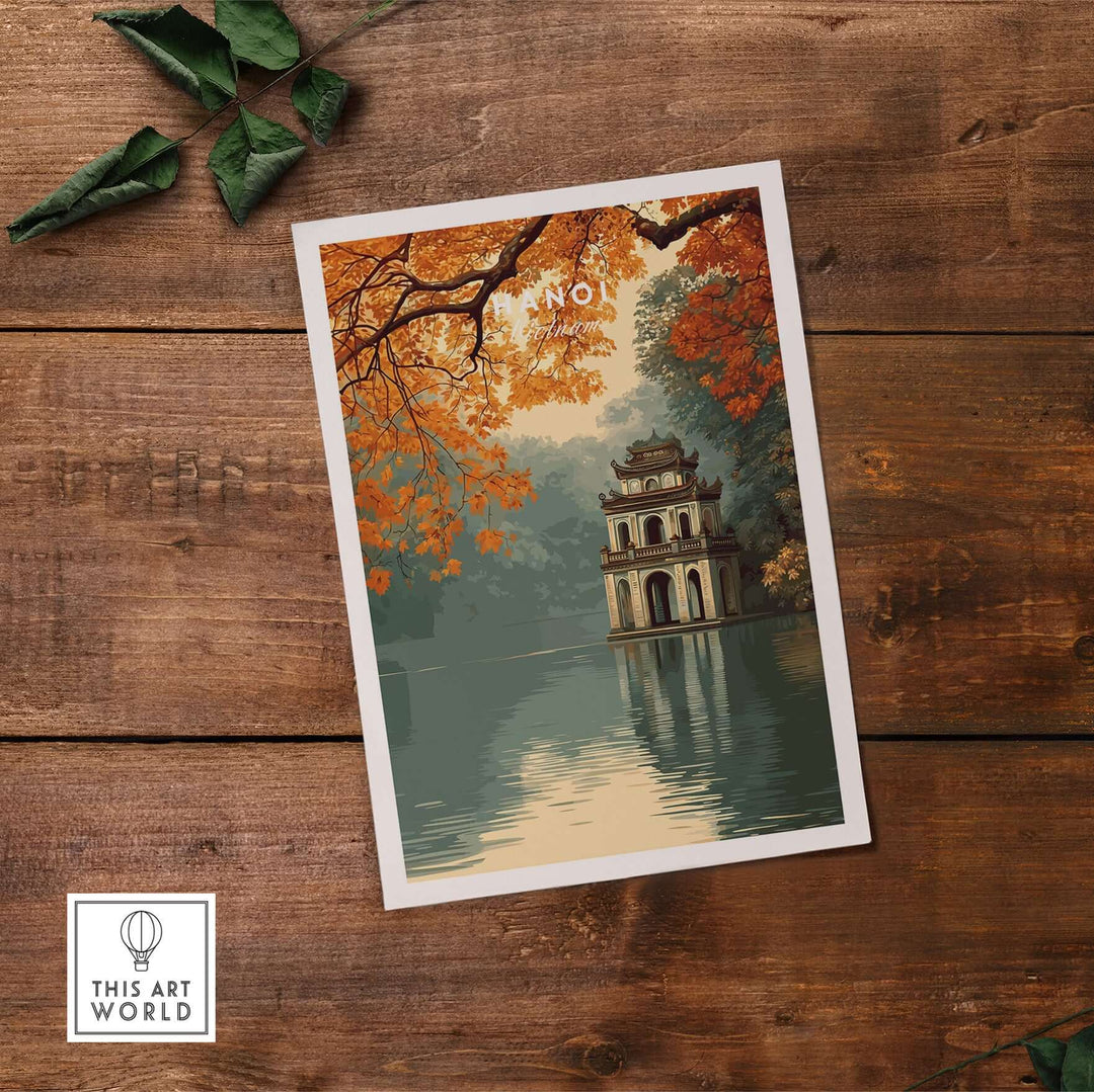Hanoi Vietnam poster featuring Hoan Kiem Lake and temple, showcasing autumn colors and serene waters.