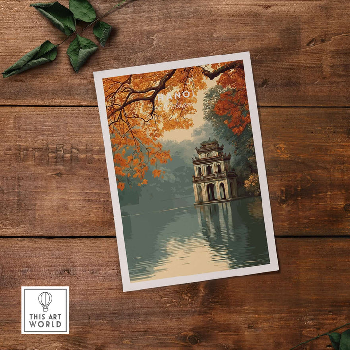 Hanoi Vietnam poster featuring Hoan Kiem Lake and temple, showcasing autumn colors and serene waters.