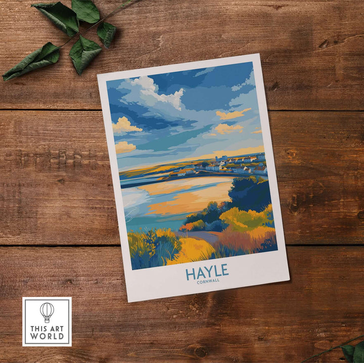 Hayle Estuary panorama wall art travel poster featuring Cornwall's coastline in vibrant colors.