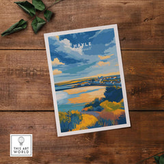 Hayle Cornwall Poster - UK Coastal Landscape Print showcasing a vibrant coastal scene with sweeping beach views.
