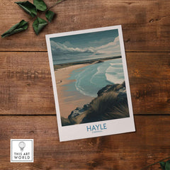 Hayle Sandy Beach Poster - Cornish Travel Decor showcasing tranquil waves and expansive sandy beach in Cornwall.