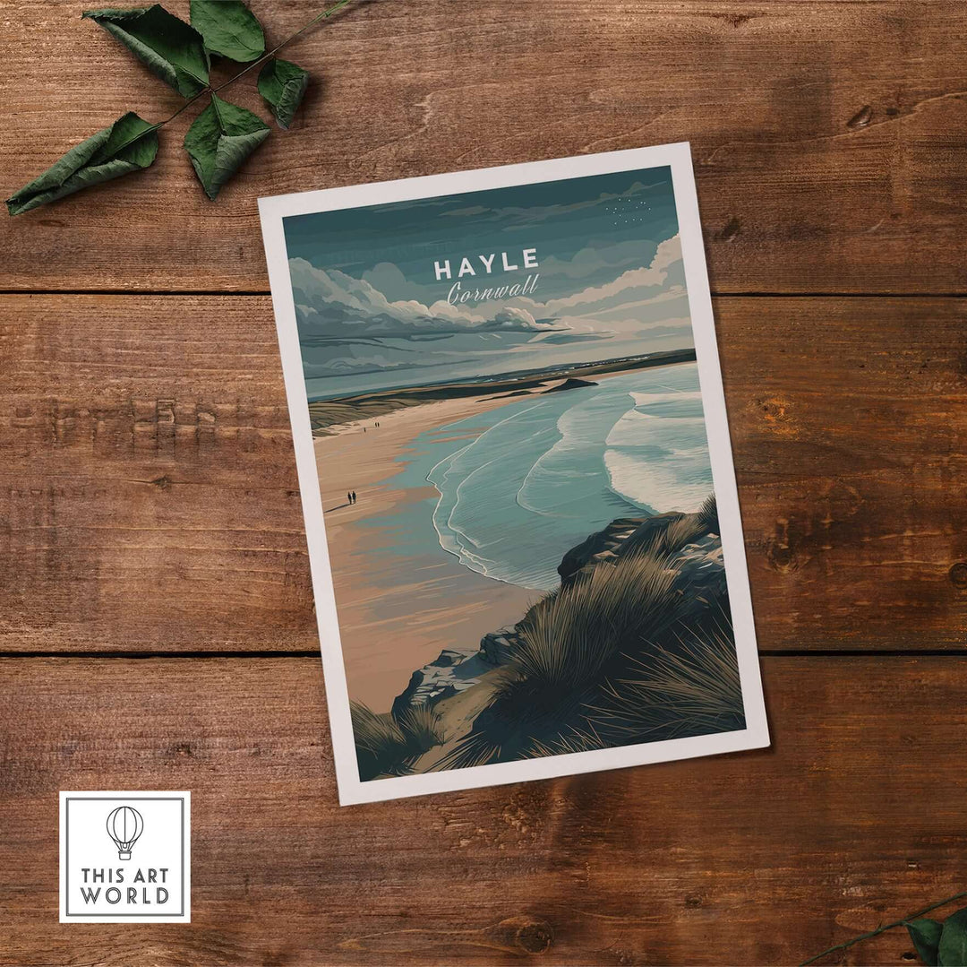 Hayle Cornwall coastal beach print featuring seaside cliffs and serene ocean views on a wooden table.
