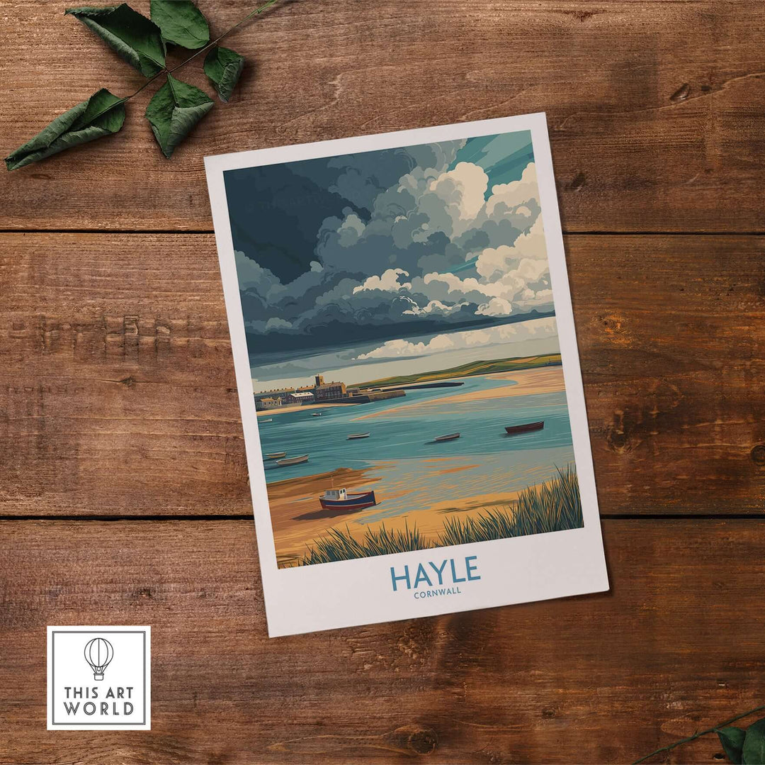 Hayle Cornwall stormy sky seascape poster showcasing boats and coastline under dramatic clouds.