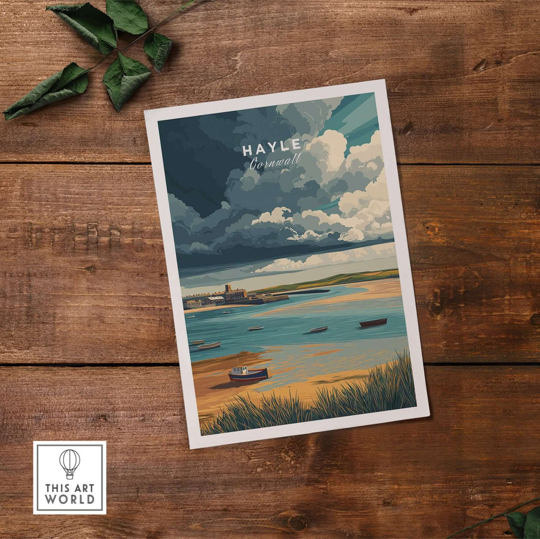 Hayle Boats in the Bay print showcasing coastal Cornwall artwork with elegant boats and tranquil scenery.