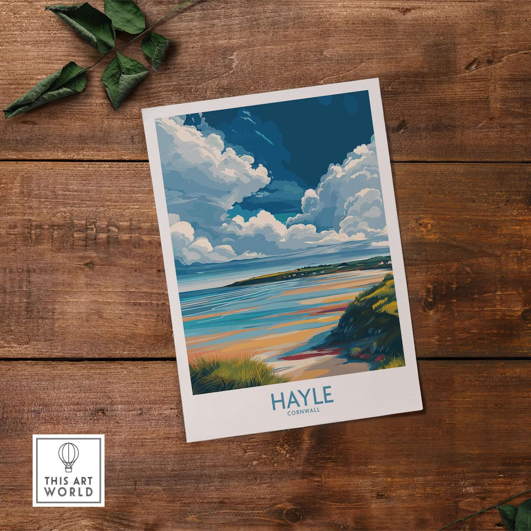 Hayle Wall Art featuring Cornwall's ocean, sandy beaches, and cloudy skies in vibrant colors, perfect for nature lovers.