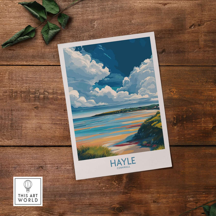 Hayle Wall Art featuring Cornwall's ocean, sandy beaches, and cloudy skies in vibrant colors, perfect for nature lovers.