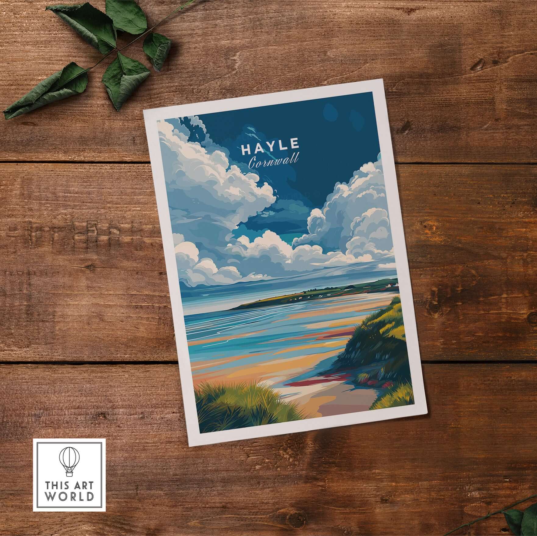 Hayle Ocean View Print - Cornwall Travel Poster showcasing vibrant coastal scenery and colorful skies.