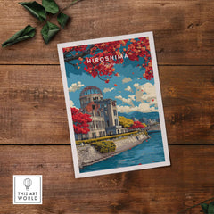 Hiroshima Japan Print Wall Art showcasing iconic landmarks and cultural elements in vibrant colors.