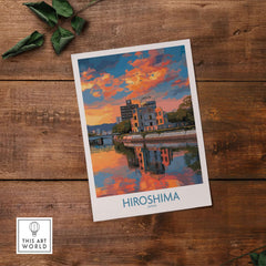 Hiroshima Japan Print - Symbolic Cityscape Decor featuring vibrant sunset colors over historic skyline.