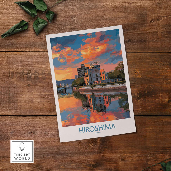 Hiroshima cityscape print featuring sunset hues and historic skyline, perfect for home decor.