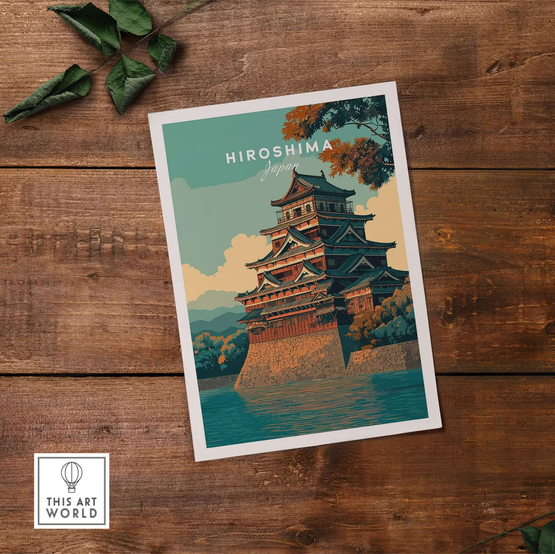 Hiroshima print showcasing historic Japanese architecture on a wooden table with leaves.