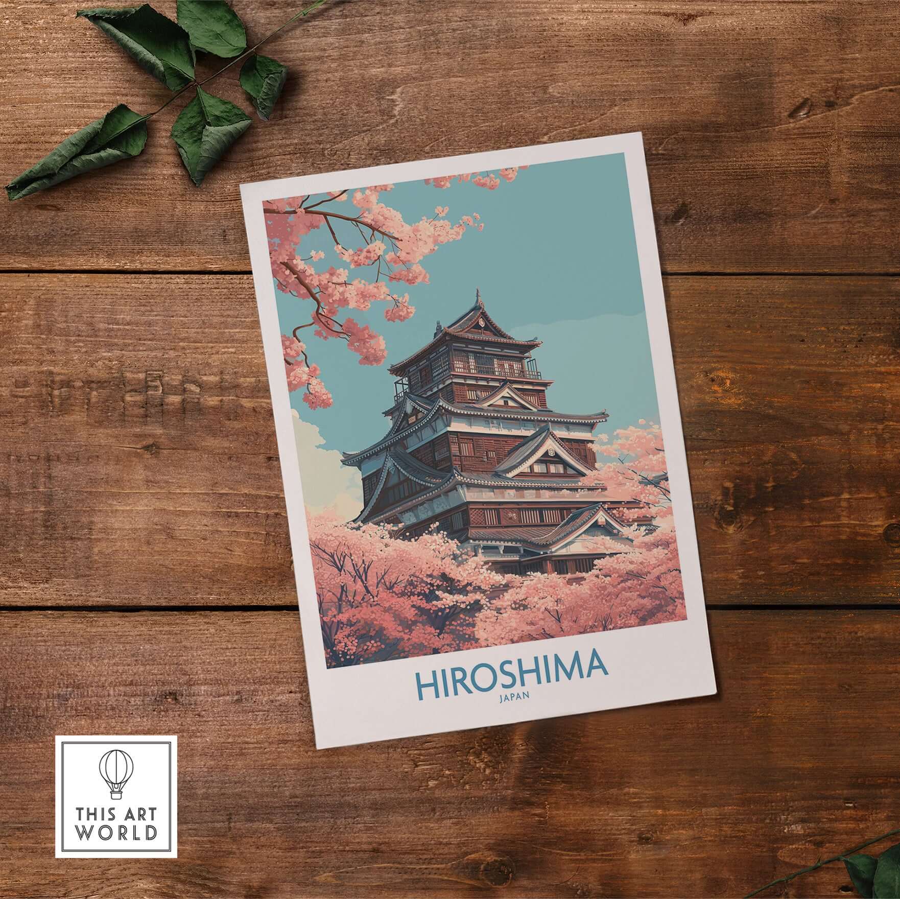 Hiroshima Wall Art Print Japan Cherry Blossom Poster featuring a beautiful castle surrounded by pink cherry blossoms.