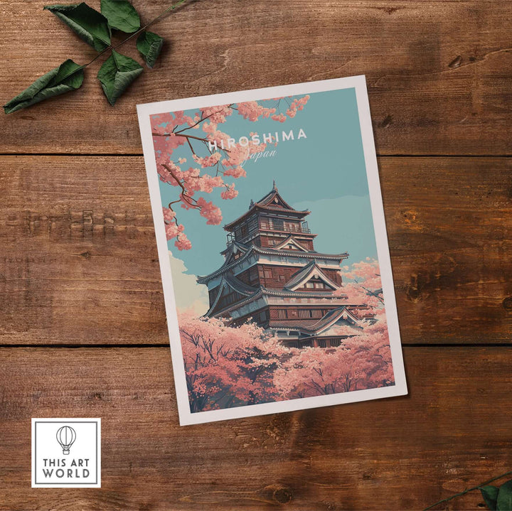 Hiroshima cherry blossom poster featuring a traditional Japanese landmark in spring.
