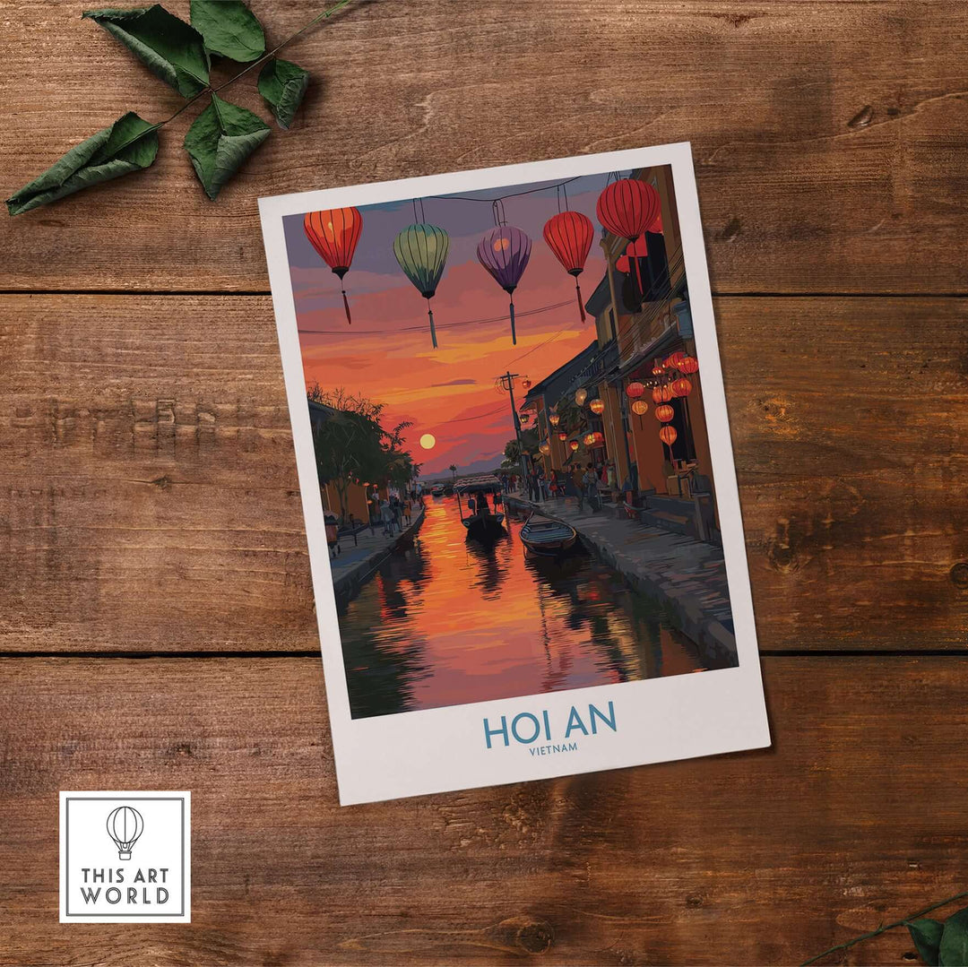 Hoi An Wall Art Vietnam poster featuring colorful lanterns over a tranquil riverside sunset scene.