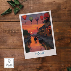 Hoi An Wall Art Vietnam - River Boats Poster featuring a tranquil riverside scene with colorful lanterns.