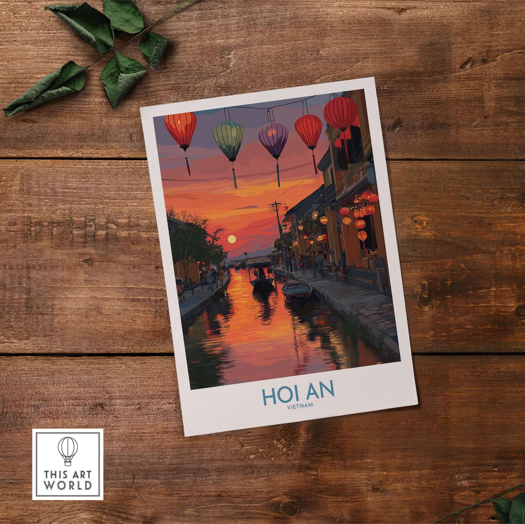 Hoi An Wall Art Vietnam - River Boats Poster featuring a tranquil riverside scene with colorful lanterns.