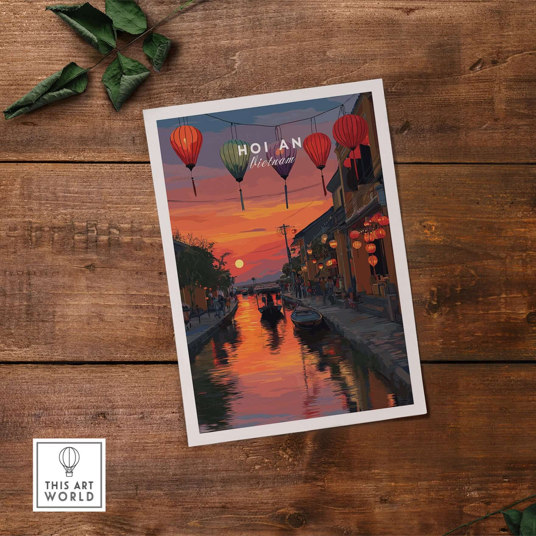 Hoi An sunset print showcasing lanterns reflecting on the water in Old Town, perfect for wall art decor.