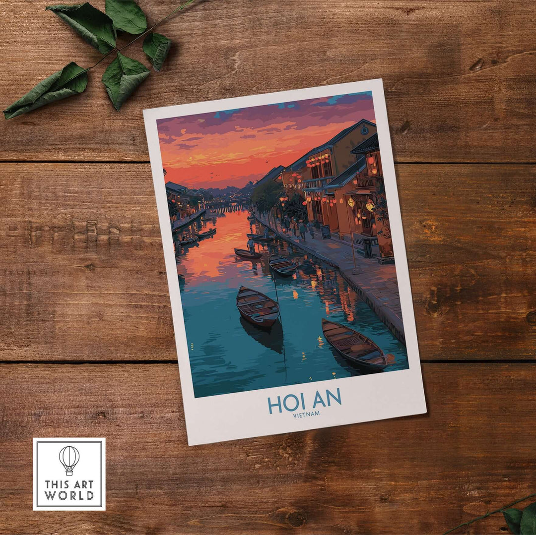 Hoi An colorful lantern poster showcasing a sunset over the river, enhancing home decor with vibrant Vietnamese culture.
