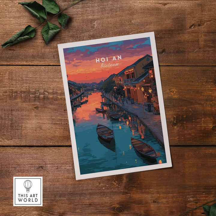 Hoi An Vietnam poster showcasing the ancient town with traditional architecture and scenic waterways at sunset.
