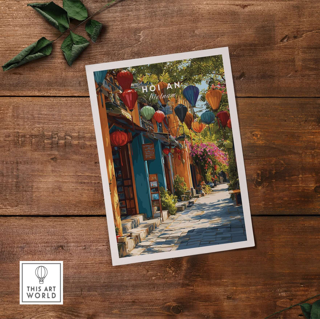 Hoi An Vietnam poster featuring colorful lanterns and vibrant alley in UNESCO Old Quarter, perfect for home decor.
