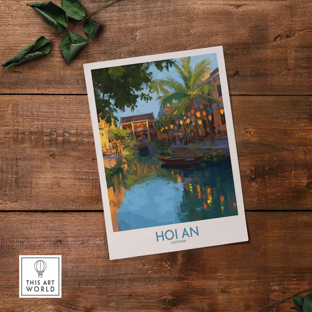 Hoi An Vietnam wall art depicting evening river scene with lanterns and palm trees, perfect for a tranquil atmosphere.