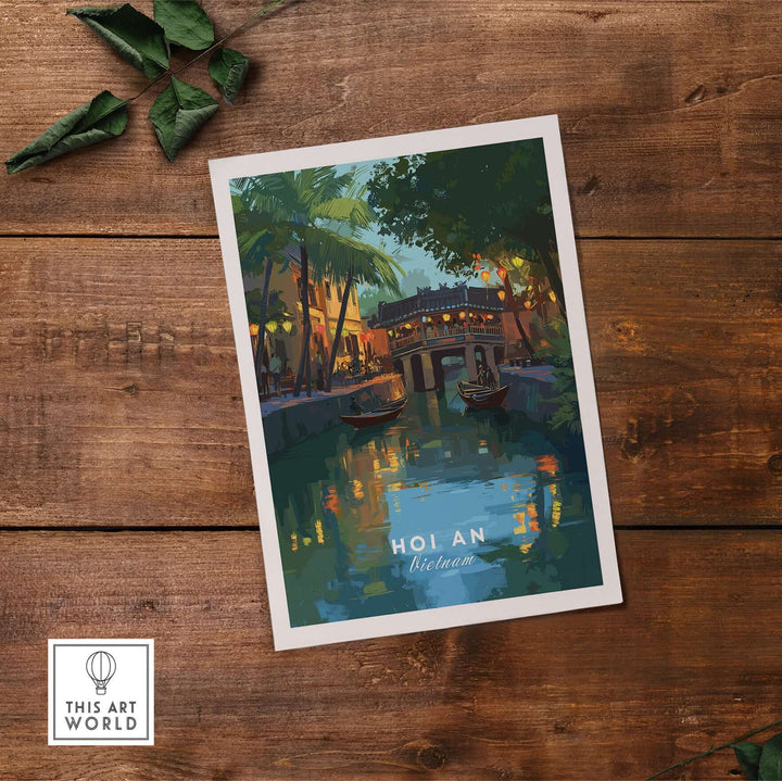 Hoi An Vietnam poster showcasing a serene landmark with boats and palm trees, perfect for home decor.