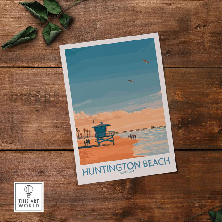 Huntington Beach surfing poster showcasing vibrant California beach scene with lifeguard tower and pier.