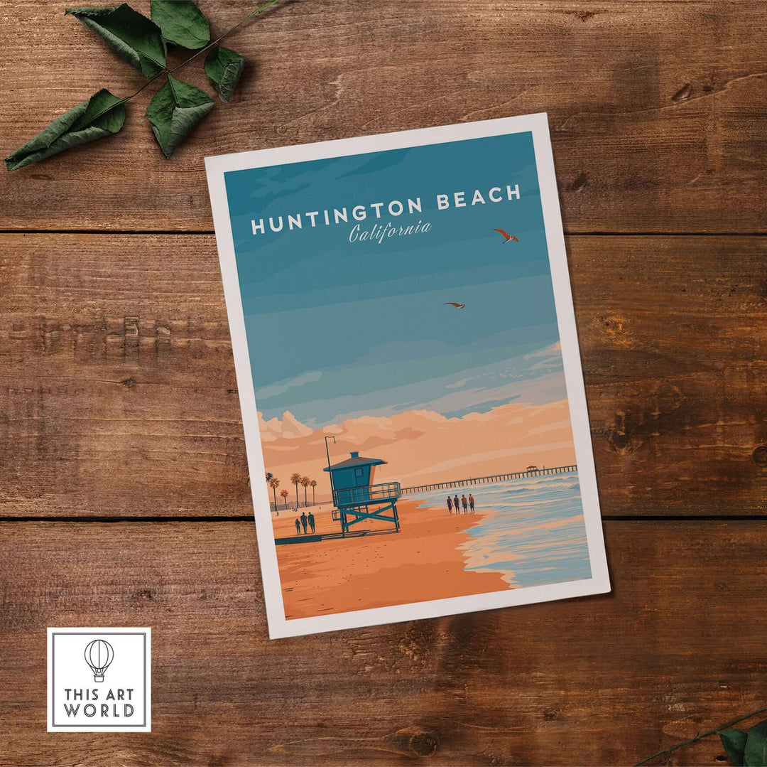Huntington Beach Lifeguard Tower print with sunset over water, ideal for coastal decor and summer vibes.
