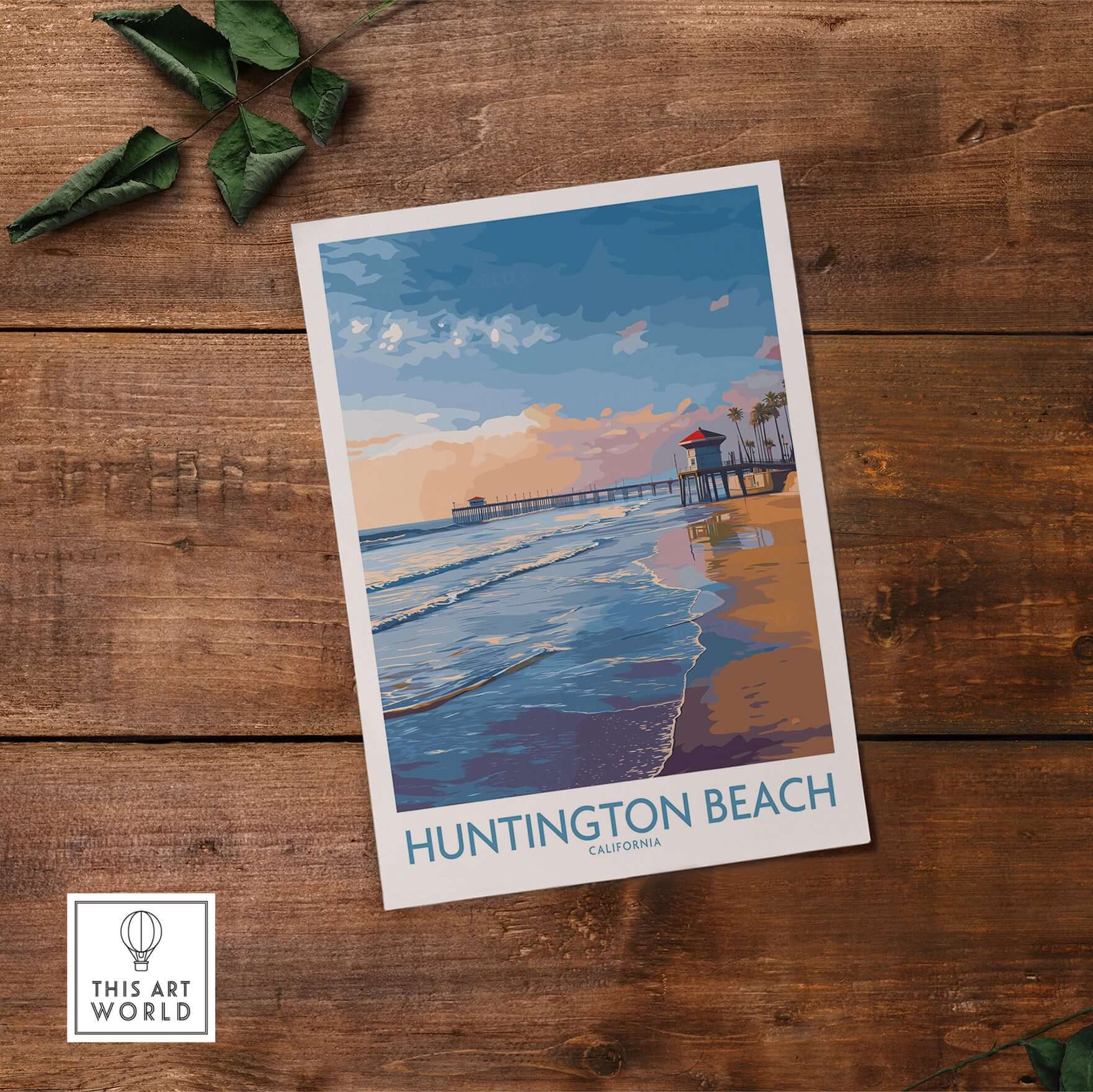 Huntington City Beach Orange County Poster - Surfing City Wall Art on wooden surface with ocean scene.