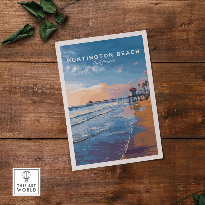 Huntington Beach Pier at sunset poster showcasing colorful waves and pier, perfect coastal California wall art.