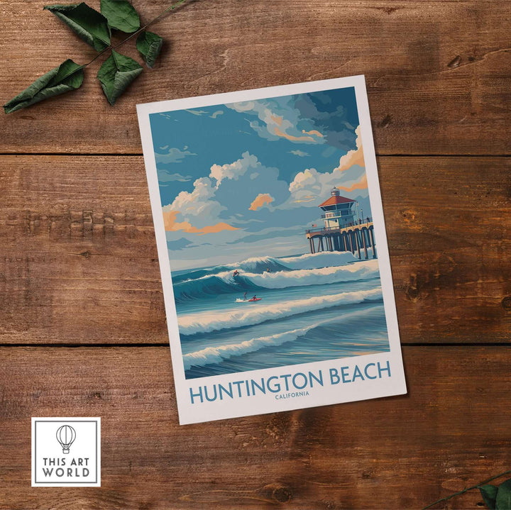 Huntington Beach California surfing poster showcasing waves and pier, perfect for beach decor and surf enthusiasts.