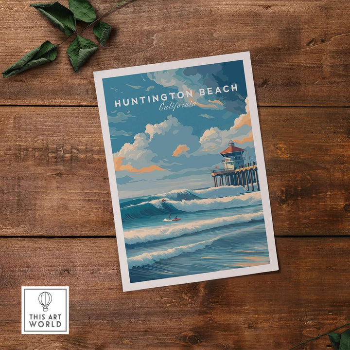 Huntington Beach surfing print showcasing waves and pier, vibrant California beach art for surf lovers.