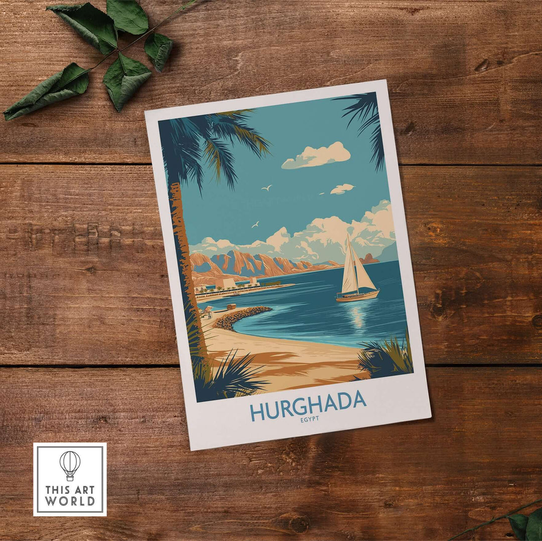 Hurghada Egypt poster showcasing the Red Sea and shoreline, perfect for coastal decor and travel lovers.