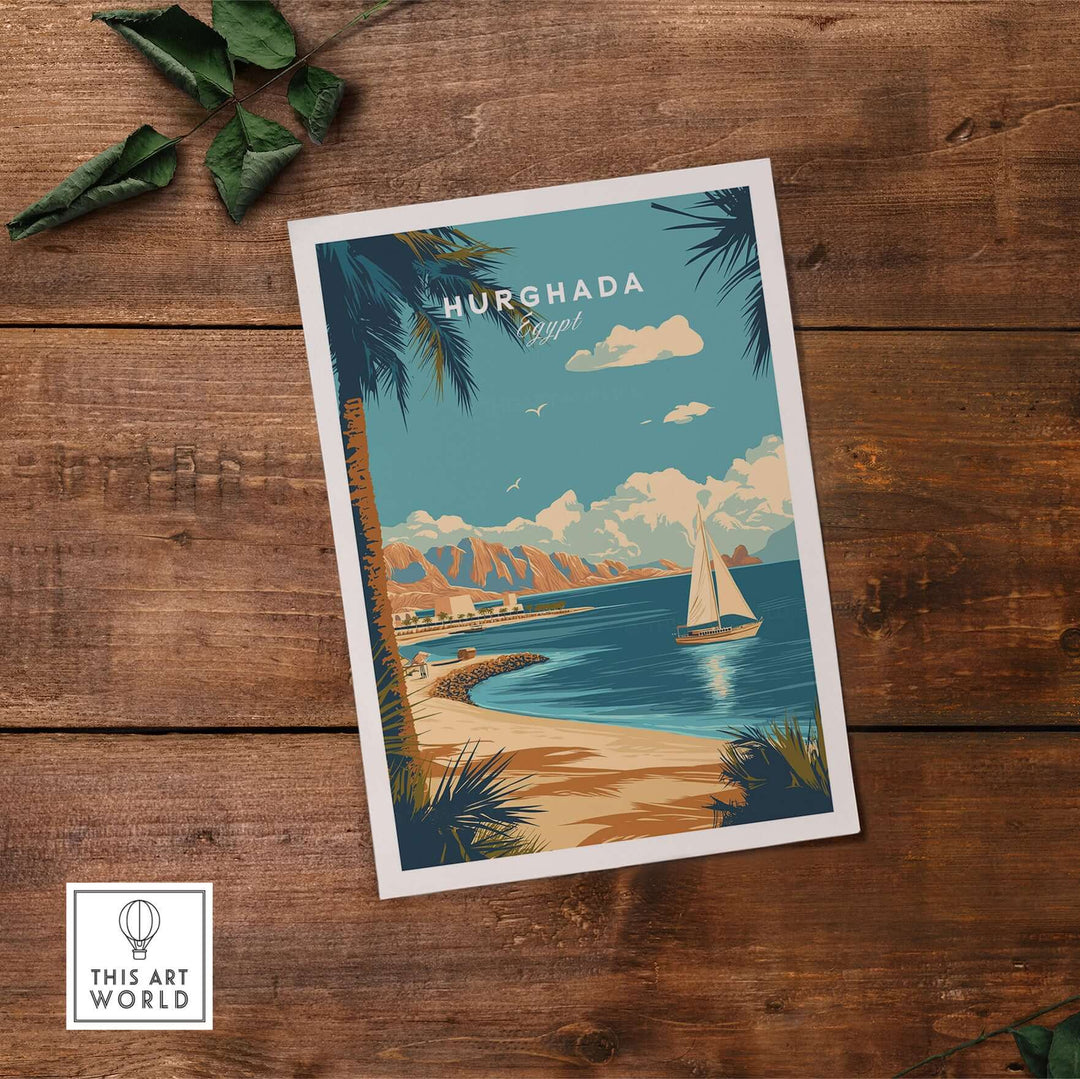 Hurghada Egypt wall art print featuring tropical beach scene with sailboat, ideal for coastal decor.