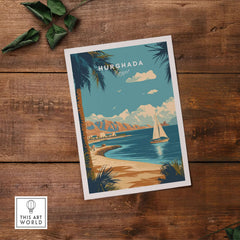 Hurghada Egypt Red Sea Beach Print - Tropical Resort Wall Art featuring a sailboat on a vibrant beach scene.