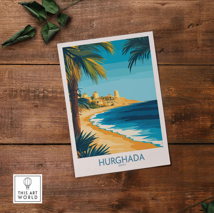 Vibrant Hurghada wall art print showcasing a serene beach scene with palm trees and the Red Sea.