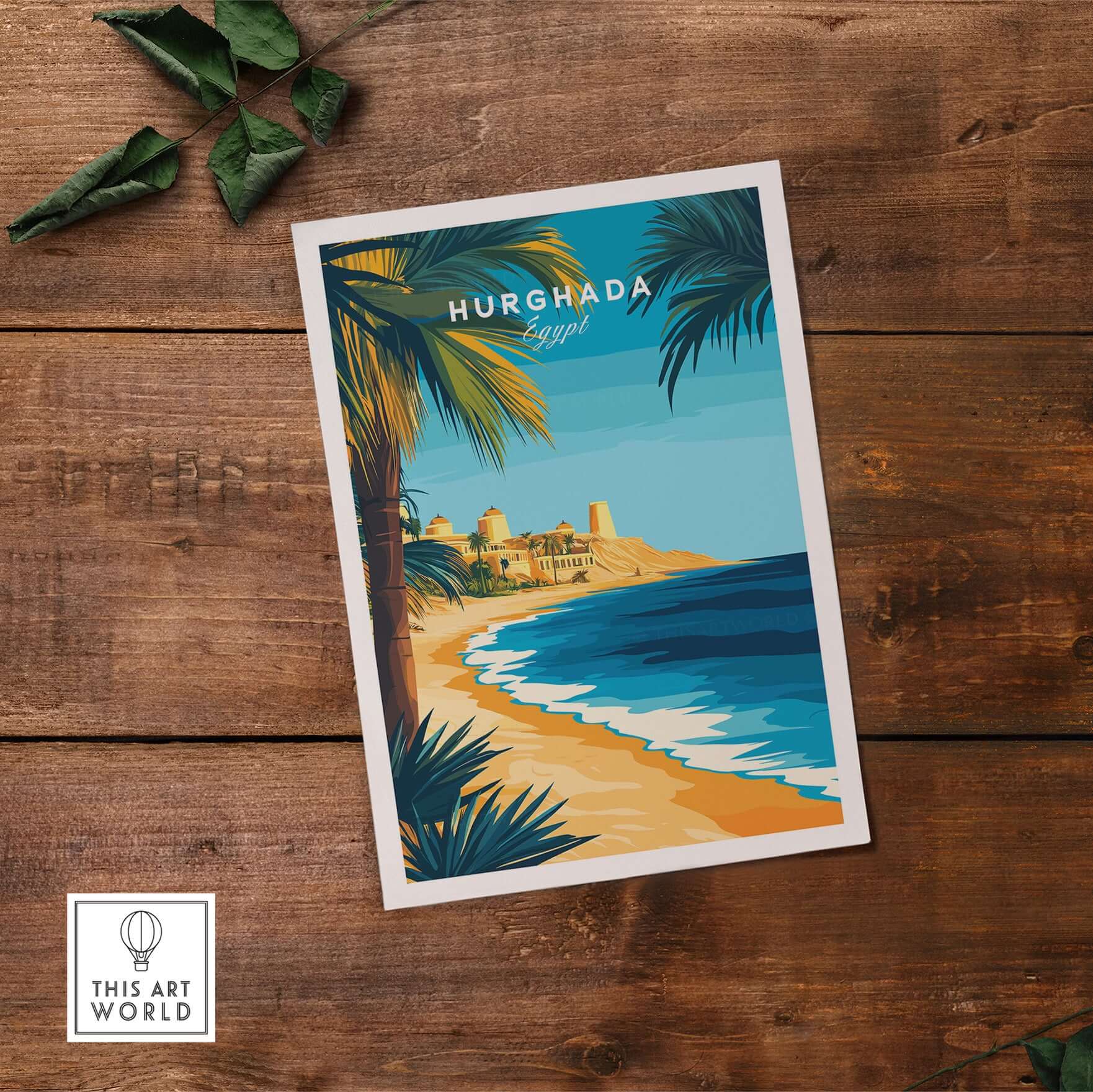 Hurghada Egypt Beach Poster - Red Sea Travel Print showcasing a vibrant beach scene with palm trees and the coastline.